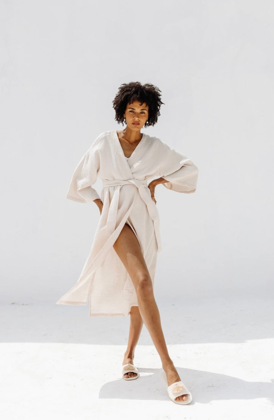 Cotton kimono style robe tie belt cream and nude