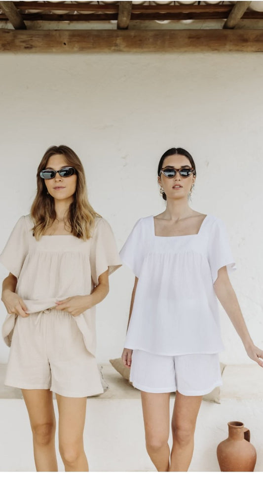 Shorts and blouse cotton set white and nude