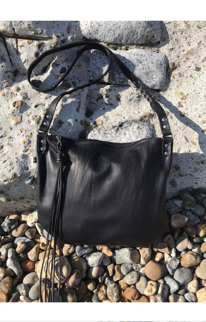 Leather Crossbody Bag, Black leather