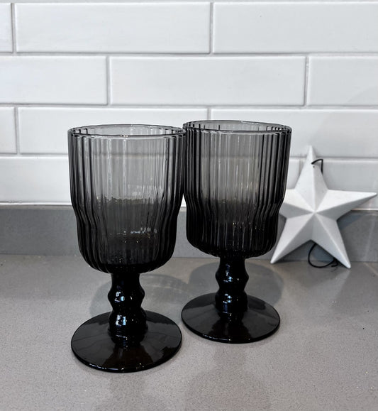 Grey ribbed glass wine glasses