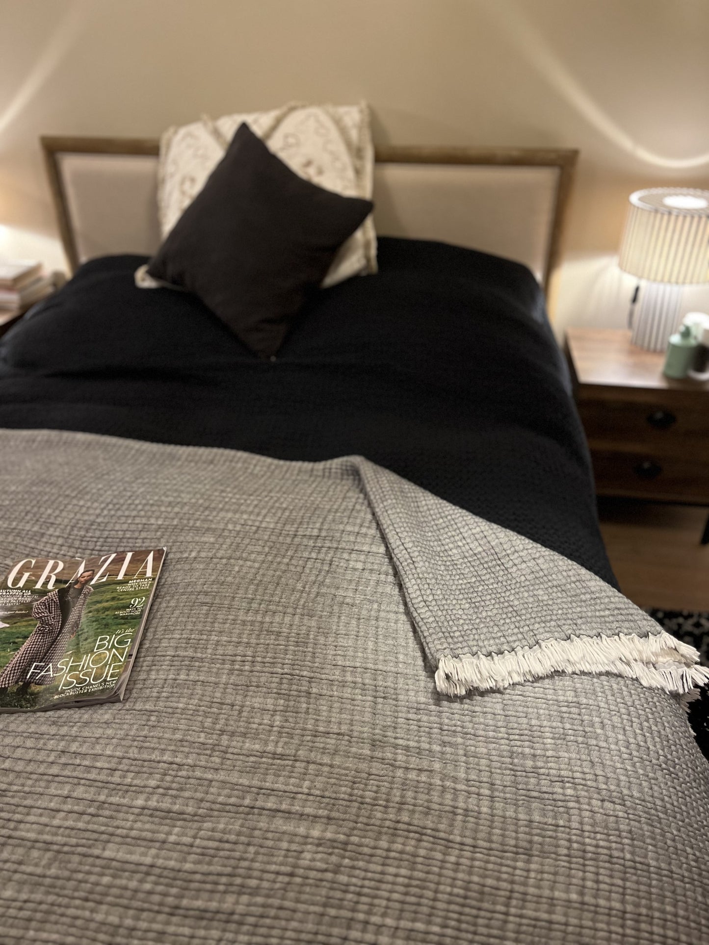 bedspread in dark grey/taupe. Muslin/cotton