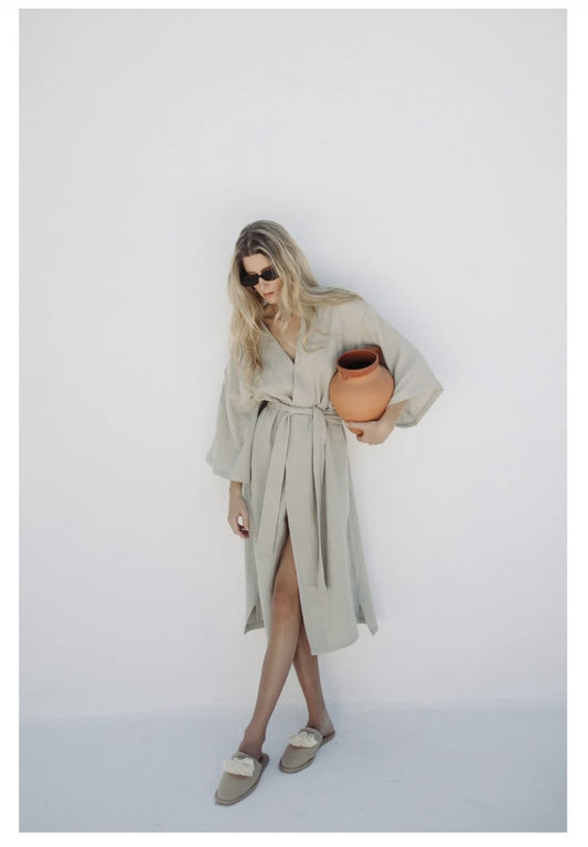 loungwear robe kimono style in cotton sage green colourway MIDI