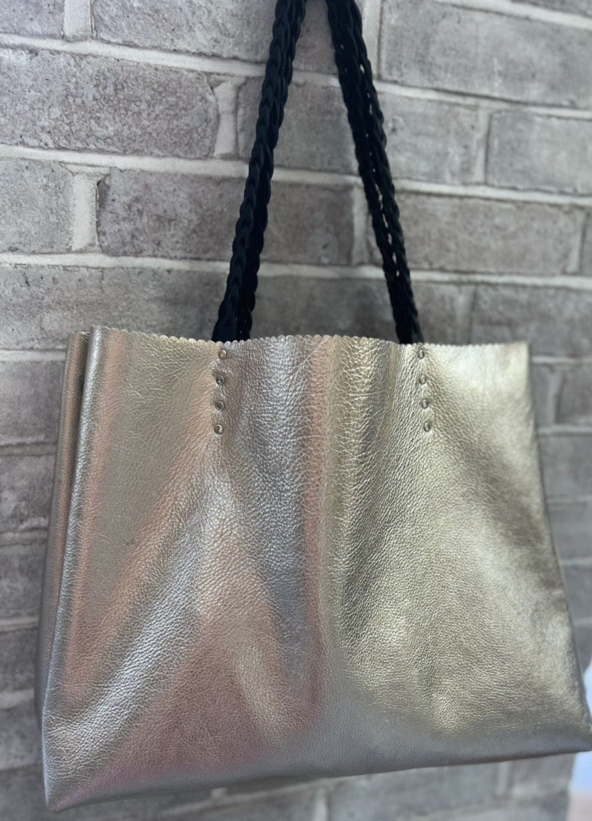 Platinum metallic leather tote bag
