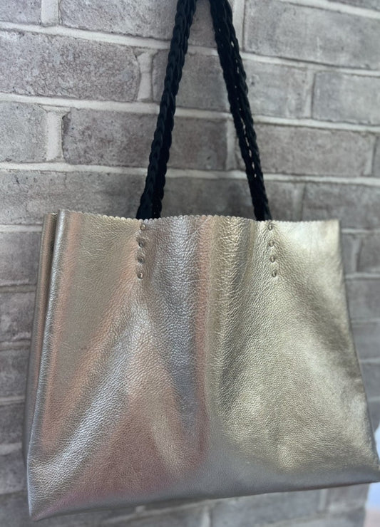Platinum metallic leather tote bag